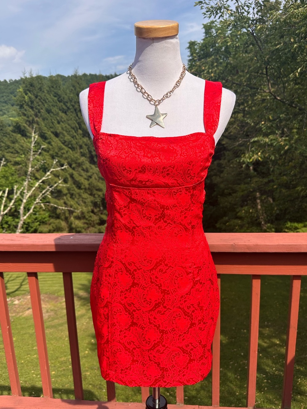 Lucy in the Sky Red Jacquard Square-Neck Mini Dress